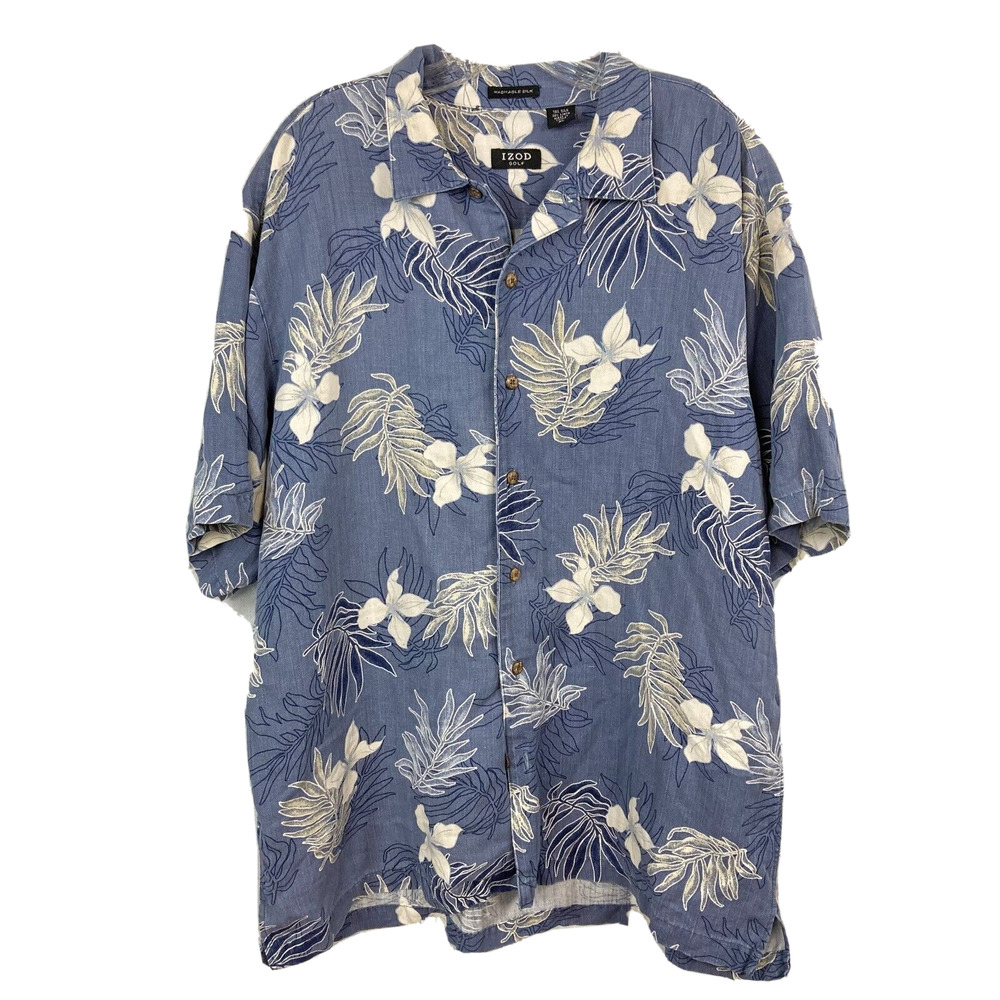 IZOD Golf Shirt Mens Sz XL Blue White Silk Linen Tropical Hawaiian Floral Button